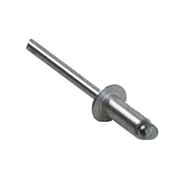 Blindniet Flachrundkopf – Frontansicht mit silbernem Kopf und 10mm Durchmesser, 4mm Länge aus Aluminium und verzinktem Stahl.