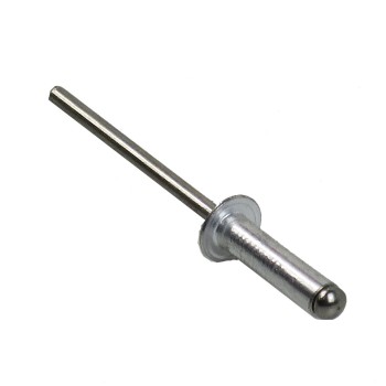 Blindniet Flachrundkopf – Detailansicht mit silberner Aluminiumhülse und verzinktem Stahl-Dorn, 4 x 16mm.