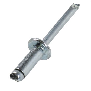 Detaljevisning af 6 x 14 mm blindnitter – fladt rundt hoved i galvaniseret stål med sølvgrå finish.