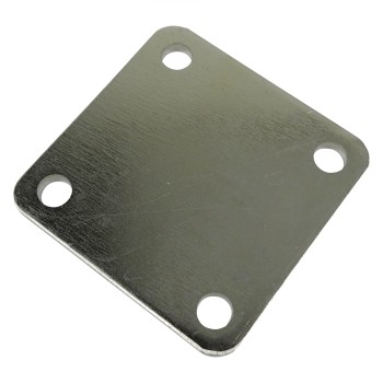 Bovenaanzicht van een vierkante klemplaat van gegalvaniseerd staal – 100 x 100 x 6 mm met 4 montagegaten.