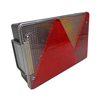 Feu arrière Aspöck Multipoint 4 droite – boîtier noir avec lentille triangulaire rouge et réflecteur orange.