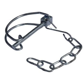 Borgpen voor oprijplaat – gegalvaniseerd staal met ketting en haak, geschikt voor Ifor Williams aanhangwagens.