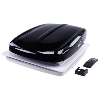 Motorised roof vent – top view in black with a rain shield and modern design on a plain white background.