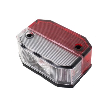 Luce d'ingombro Aspöck Flexpoint – vista frontale con luce rossa e bianca, forma rettangolare e texture della lente.