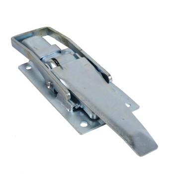 Bovenaanzicht van een excentrisch slot – 270 mm lang met platte handgreep en vier bevestigingsgaten in verzinkt staal.