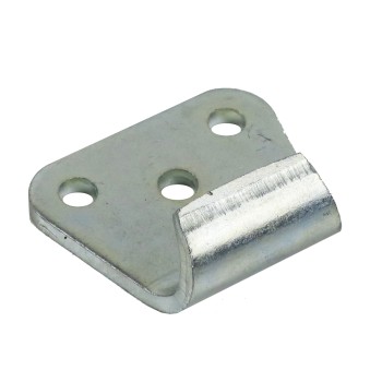 Gegenhalter – Draufsicht mit drei Bohrlöchern und gebogener Kante in verzinktem Silber.