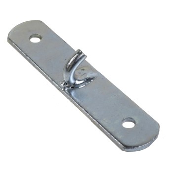 Holding cam – top view showing galvanized steel with a hooked end and two mounting holes.