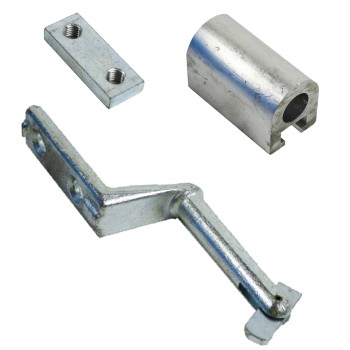 Gångjärn för droppsidor – galvaniserat stål med fallögla och aluminiumprofil, total längd ca 132 mm.