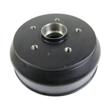 Tamburo del freno adatto f. Knott – vista frontale con finitura nera e argento e 5 fori di montaggio.