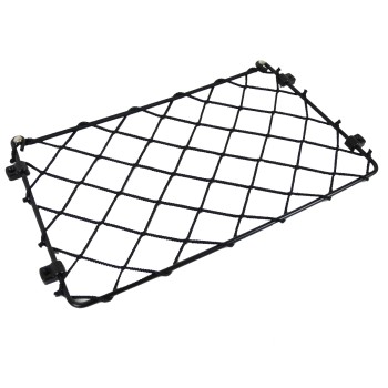 Filet à bagages pour remorque à chevaux – filet élastique noir avec 4 points de fixation, vue de dessus sur fond blanc.