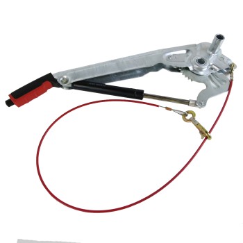 Leva del freno a mano per dispositivi Alko – vista laterale con molla a gas, cavo rosso e impugnatura in gomma.