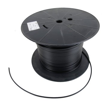 DC Versorgungskabel – Draufsicht auf schwarze Kabelspule mit 0,75 mm² Flachkabel und zwei Anschlusslöchern.