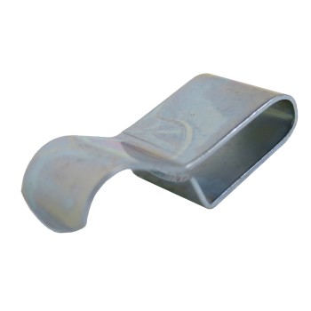 Zijaanzicht van een kabelbevestigingsclip 28 x 12 mm – gegalvaniseerd staal in zilver met een gebogen ontwerp.