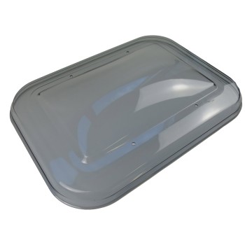 Replacement glass for hinged window – top view showing rectangular shape and smoky gray color with rounded corners.