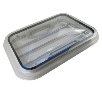 Opening window – angled view showing clear protective grille and handle for easy opening