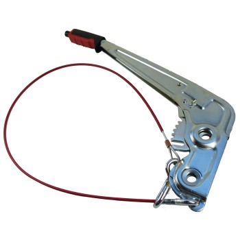 Håndbremsehåndtag til Al-ko – sideperspektiv med rød gummigreb og kabeltilslutning, galvaniseret finish.