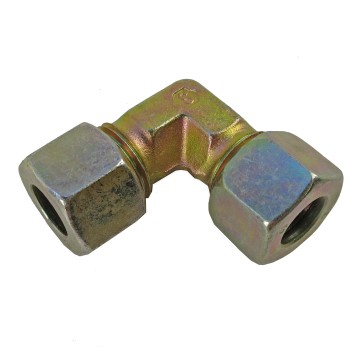 Elbow fitting – front view showing two hexagonal union nuts and a metallic silver finish.