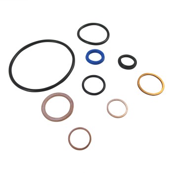 Vista dall'alto – kit di guarnizioni in gomma nera e blu con o-ring e rondelle metalliche di varie dimensioni.