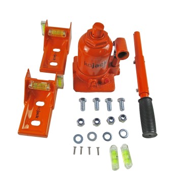 Bovenaanzicht van de KoJack Caravan Krik – hydraulisch met twee waterpasbubbels en zwarte en oranje afwerking.
