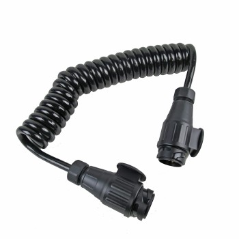 Spiralkabel 12V – svart med 13-polig och 8-polig kontakt – sidovy på vit bakgrund.