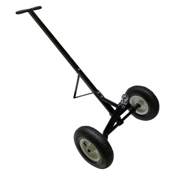 Trailer trolley manoeuvring aid – front view showing two rubber wheels and a long handle in black and gray.