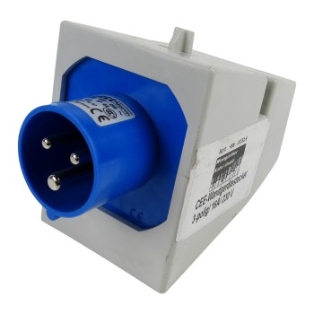 Zijaanzicht van de CEE-wandapparaatstekker 3-polig 16A 230V – blauwe kleur met witte details.