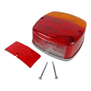 Vue de dessus – Lampe à trois chambres Hella type 9401 avec lentilles rouge et orange, couvercle amovible.