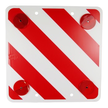 Waarschuwingsbord plastic 50x50cm met reflectoren – rode reflecterende cirkels en diagonale rode en witte strepen.
