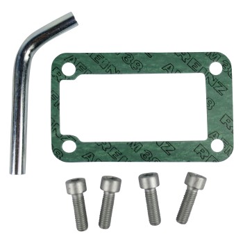 Mounting kit OMFP for PMS + PMI – top view showing silver metal bracket, green L-shaped lever, and four screws.