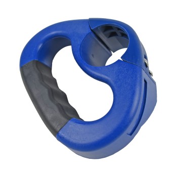 Poignée de manoeuvre bleue – design ergonomique avec prise et fente pour câble sur fond blanc.