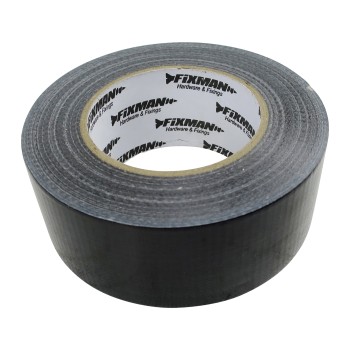 Svart självhäftande textiltejp – rulle med 50 mm bredd och 50 m längd, sett från sidan.