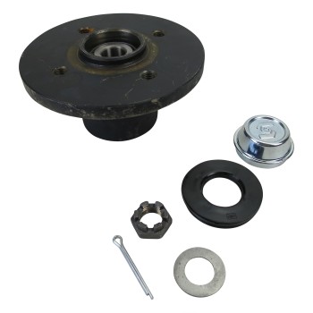 Wheel hub Schlegl 4 x 100 – top view showing black circular flange and four mounting holes with taper roller bearing.
