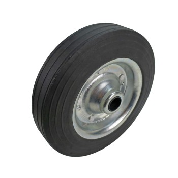 Vinkelvy av massivt gummihjul – 200 x 45 mm med metallfälg och fyra monteringshål på en vit bakgrund.