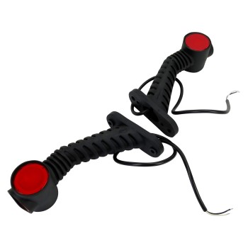Frontvy – LED-markeringsljus röd/vit med sidomarkeringsljus gul, flexibel kropp och två skruvhål.