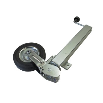 Roue jockey automatique – vue de côté – avec bras de support réglable et roue en caoutchouc noire, bride à 2 trous.