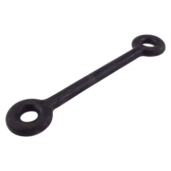 Zijaanzicht van een zwarte rubber bevestiging – 165 mm lang met twee ronde uiteinden en gaten van 12 mm.