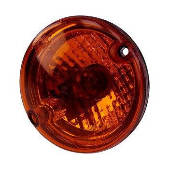 Aspöck Roundpoint lampa – gul indikatorlampa med rund form och transparent lins, frontvy på vit bakgrund.