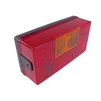 Hella vier-kamer lamp 9385 – links met mistlamp en reflectorlenzen – rode en oranje kleuren op een witte achtergrond.