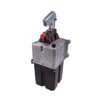 Doppelhub Hydraulikpumpe – Frontansicht mit silbernem Aluminium-Gehäuse und schwarzem 5 Liter Tank.