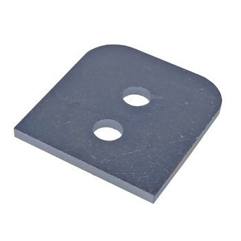 Vastalevy kiinnityssilmukkaa varten – harmaa, pyöristetyt kulmat, kaksi porausreikää, mitat noin 45 x 40 x 3 mm.