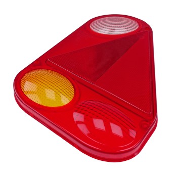 Radex Ersatz Lichtscheibe – Draufsicht mit roter und orangefarbener, dreieckiger Form und strukturiertem Glas.