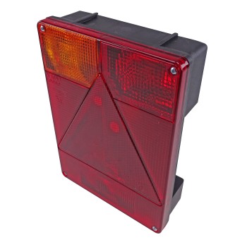Vooraanzicht van de Radex meerkamerlamp – met rode en oranje lenzen en een driehoekige reflector.