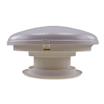 Pilzlüfter – Seitenansicht mit gewölbtem Dome, Fliegenschutz und weißen Belüftungsöffnungen.