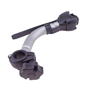 Portabici Fiamma Bike Block Pro 2 – supporto nero con braccio curvo e fascetta in gomma, vista laterale su sfondo bianco.