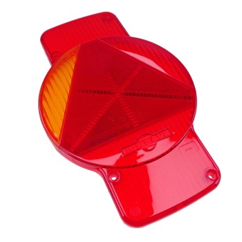 Vista frontale – lente Humbaur sinistra rossa e arancione con superficie riflettente e forma circolare.