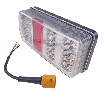 Luce posteriore LED 5 funzioni – vista frontale con 43 LED, dimensioni 225x105mm, colori rosso e bianco.