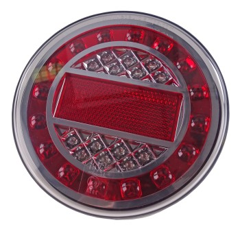 LED-bakljus 12/24V – röd lins med 4 funktioner och 125 mm diameter, sett från toppen.