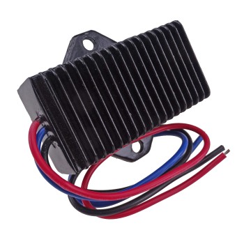 LED light processor 12V – front view showing ribbed surface, black and red colors, and three wires.
