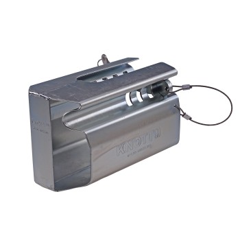 Knott Security Box – Seitenansicht des silbernen Kastenschlosses mit Schloss und durchsteckbarem Riegel.
