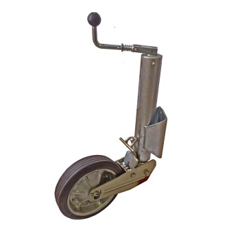 Semi-automatic heavy duty jockey wheel – front view showing universal flange, silver galvanized finish, and black crank...